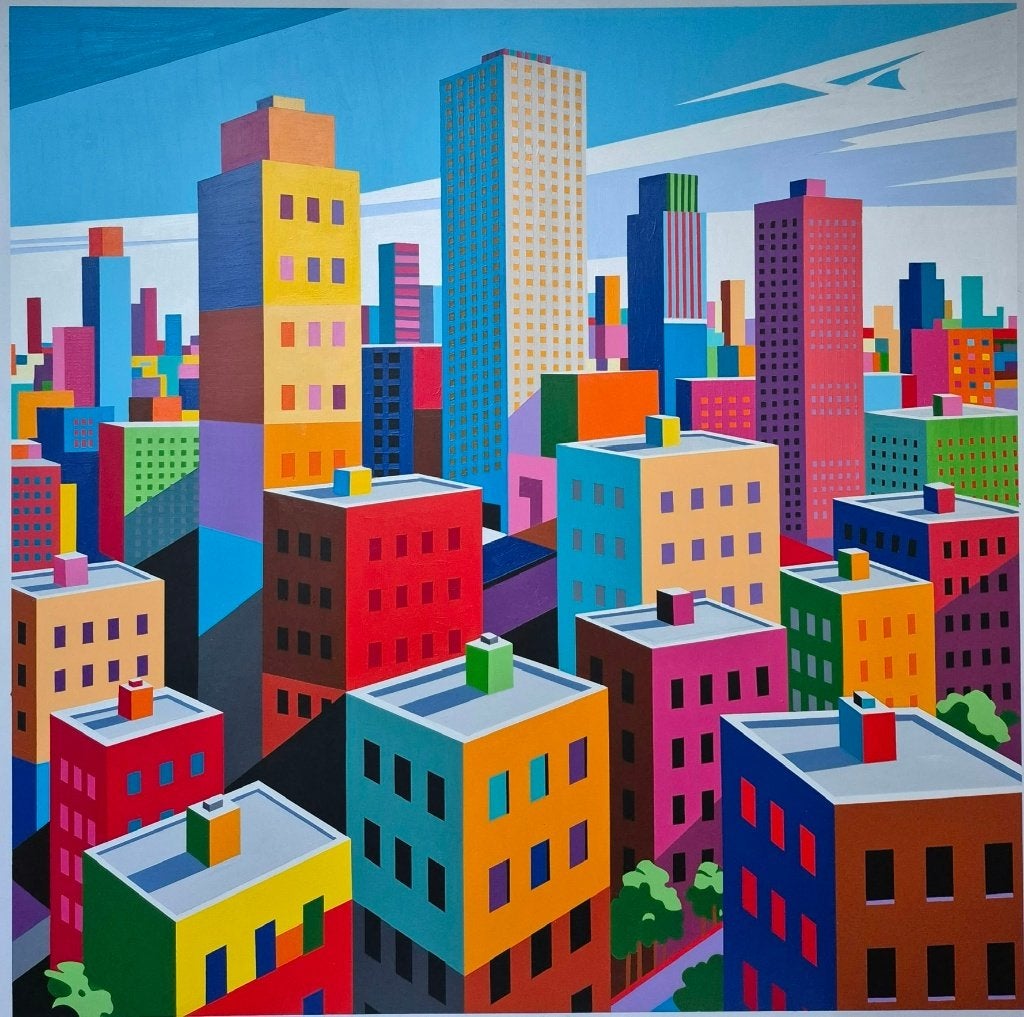 Schilderij Franklin van Dam - Geometrische Stad / Metropolis, Ophalen of Verzenden