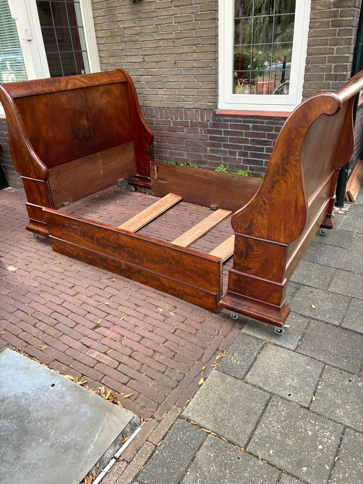 Oud Frans Napoleon bed voor tegen de wand, Ophalen, Gebruikt, Bruin, 190 cm of minder
