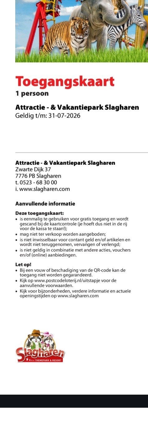 Tekoop toegangs kaart slagharen, Tickets en Kaartjes, Recreatie | Pretparken en Attractieparken, Twee personen, Ticket of Toegangskaart