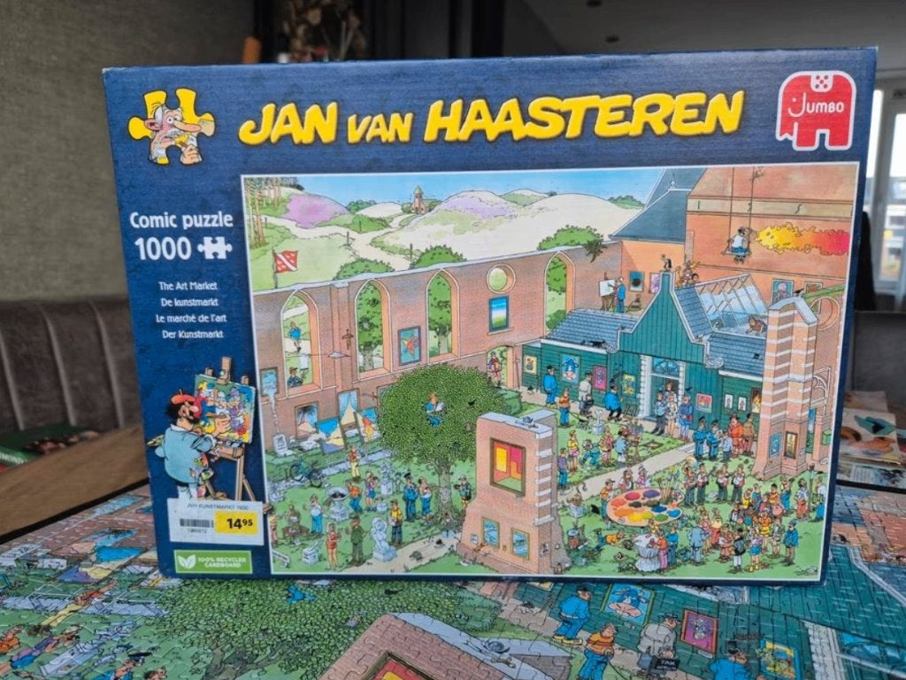 Jan van Haasteren puzzel 1000 stukjes 'de kunstmarkt', Hobby en Vrije tijd, Denksport en Puzzels, Ophalen of Verzenden, 500 t/m 1500 stukjes