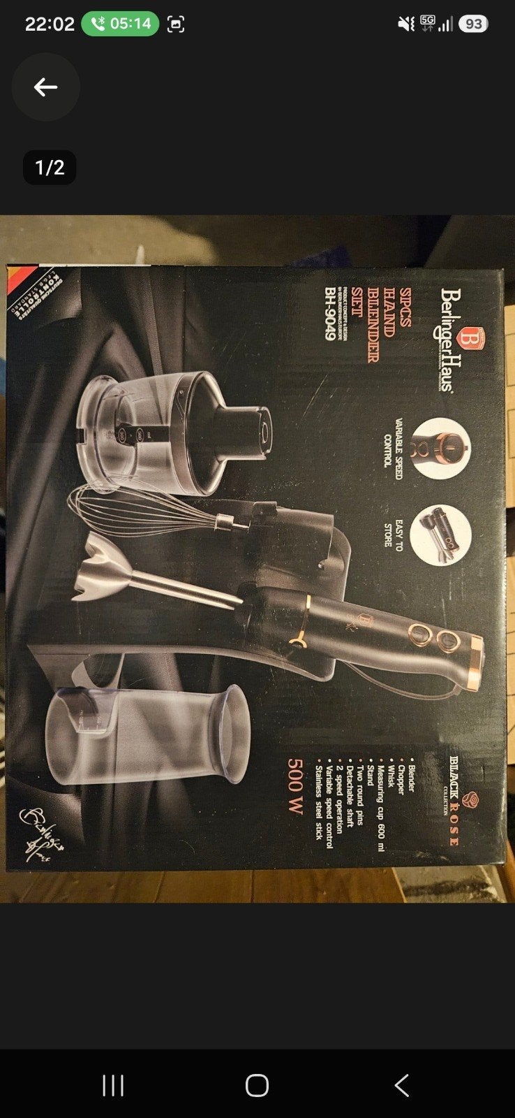 Berlinger Haus Staafmixer Set - 500W - Zwart/Roségoud, Minder dan 1 liter, Ophalen of Verzenden, Zo goed als nieuw, 3 snelheden of meer