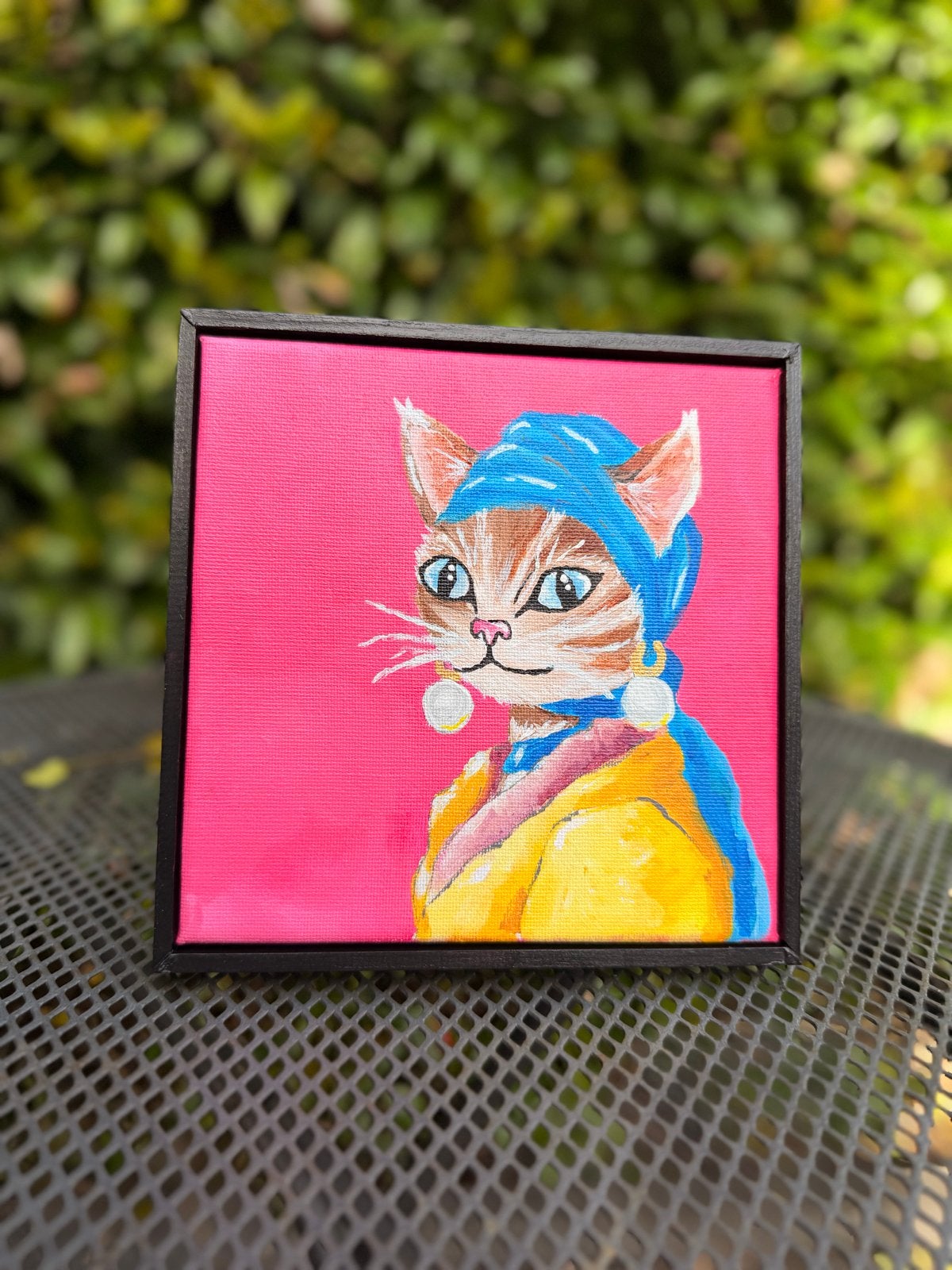 Canvas 15x15cm: Kat met de Parel - Kunst met een knipoog, Acrylverf, Handgeschilderd, Ophalen of Verzenden, Dieren