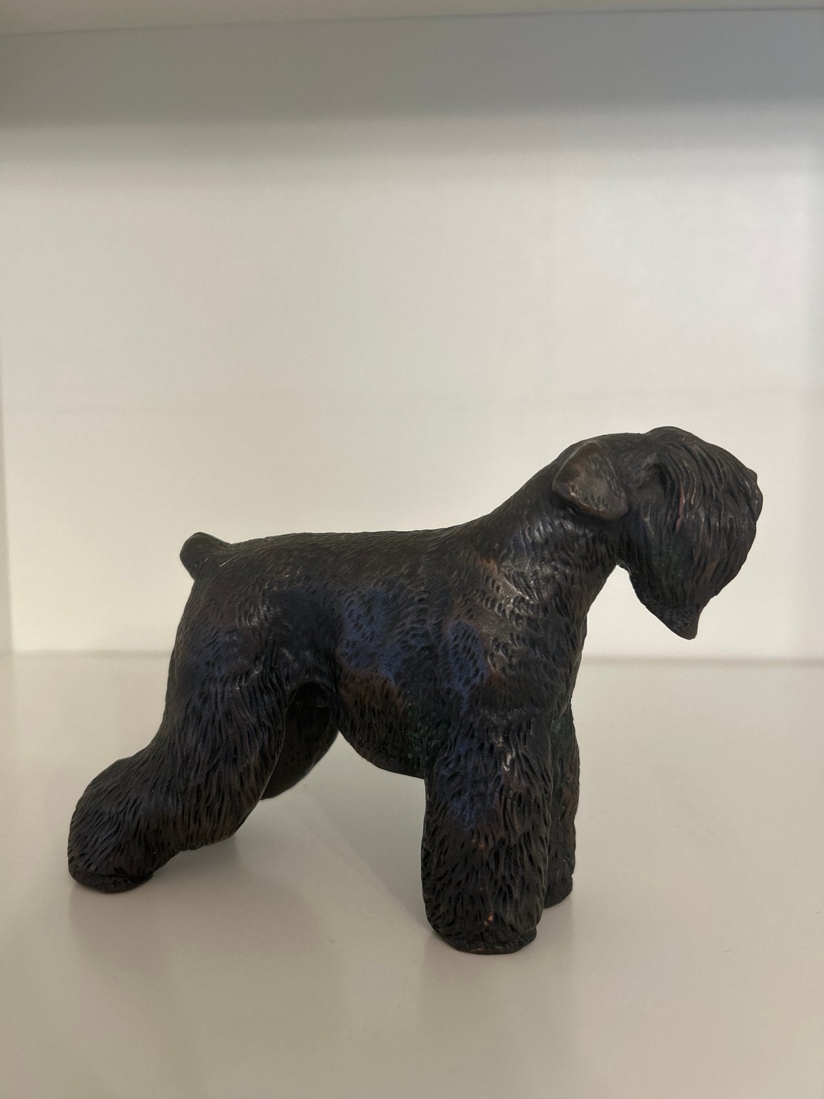 Bronzen beeld- zwarte russische terrier / riesenschnauzer, Minder dan 20 cm, Ophalen of Verzenden, Beeld, Bruin