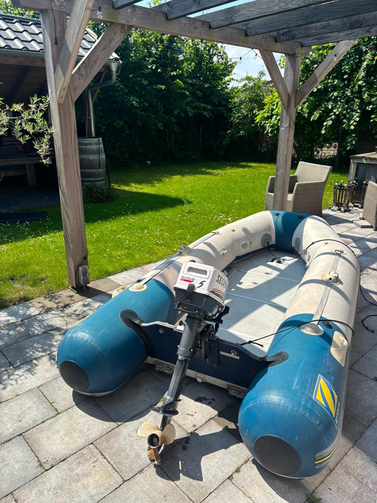 Zodiac rubberboot met 5pk Selva buitenboordmotor, Ophalen, 5 pk, Zodiac, Hout
