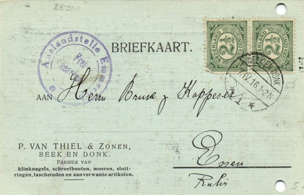 P. van Thiel + Zonen, Beek en Donk - 04.1916 - briefkaart, Ophalen of Verzenden, Briefkaart