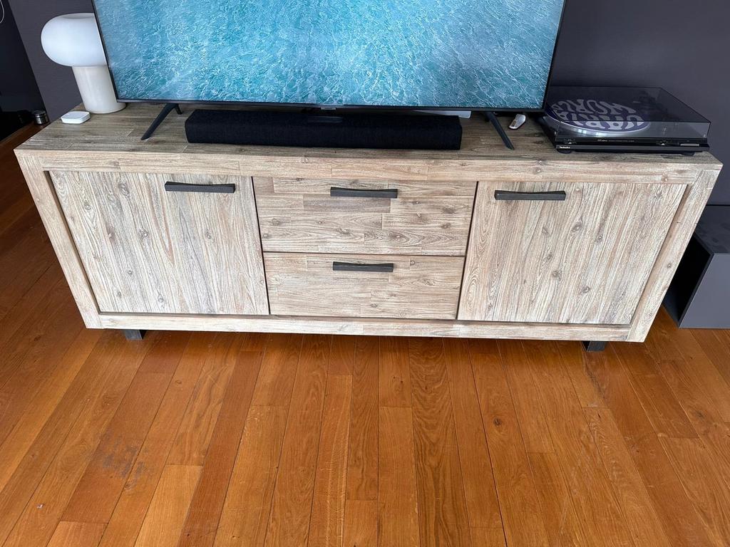 Set van TV-meubel en salontafel in lichte houttint, Huis en Inrichting, Kasten | Televisiemeubels, Ophalen, 150 tot 200 cm, Zo goed als nieuw