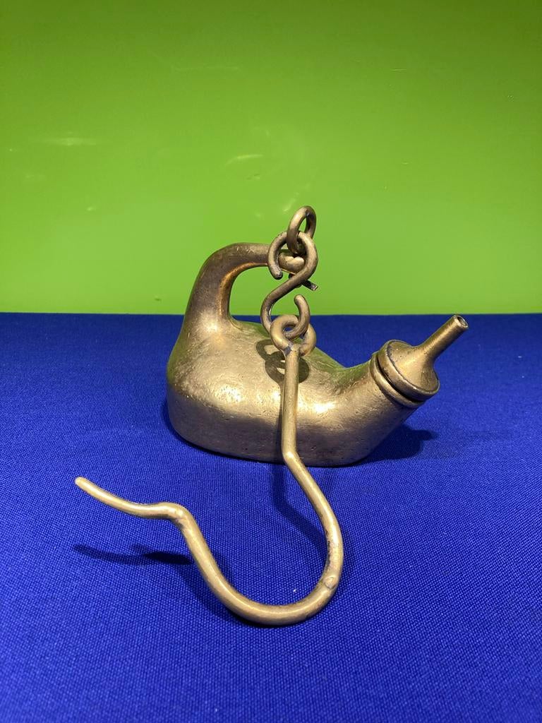 Antieke Messing Olielamp met Ophanghaak - Historisch Werklic, Ophalen of Verzenden, Gebruikt