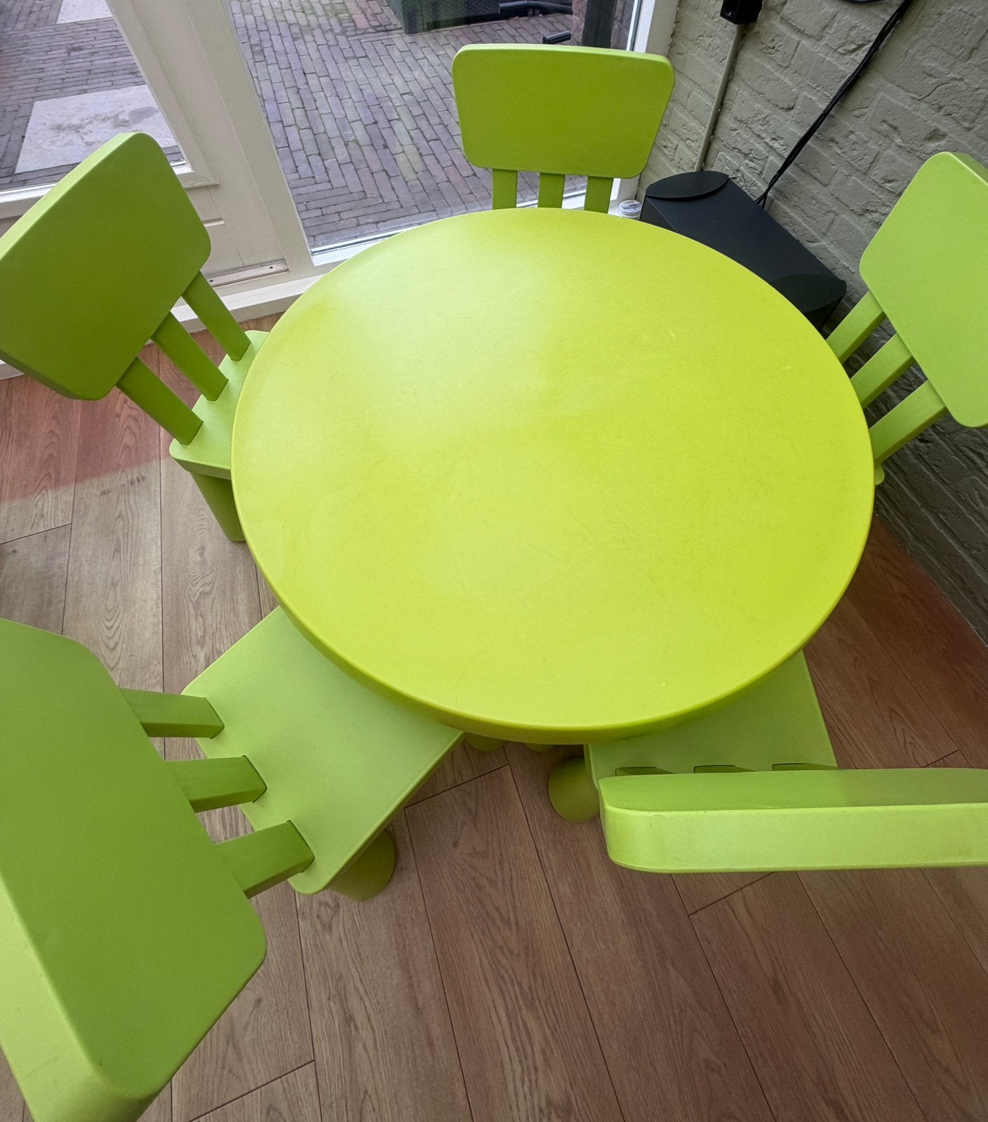 IKEA MAMMUT kindertafel met 5 stoeltjes, Ophalen, Gebruikt, Groen, Overige typen