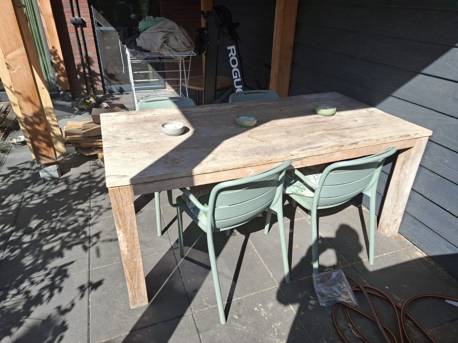 Complete Tuinset met teak Houten Tafel en Groene Stoelen, Ophalen, 4 zitplaatsen, Gebruikt, Tuinset