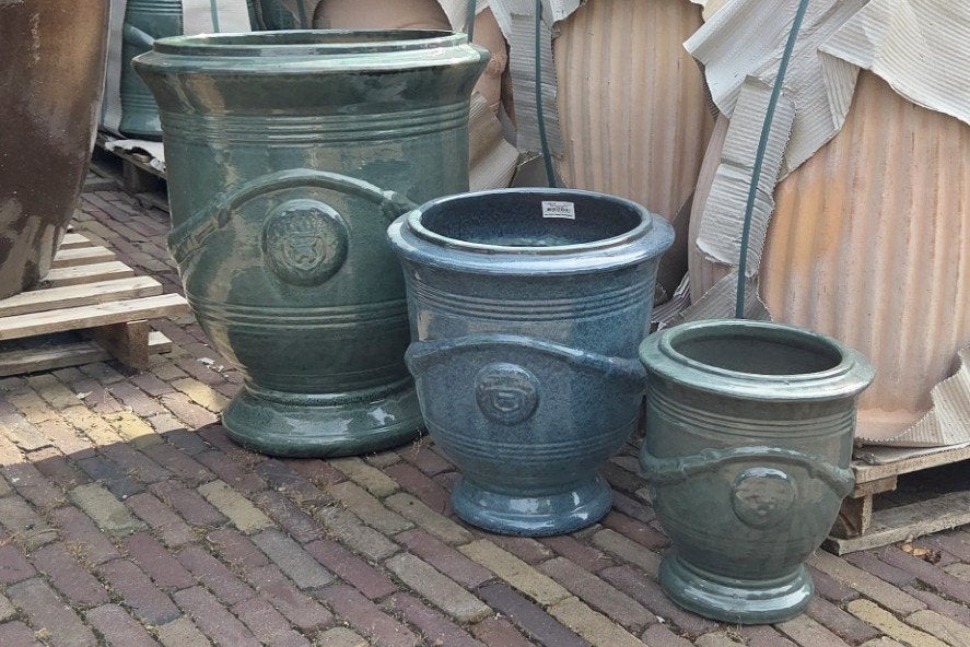 Bloempot Anduze stijl geglazuurd aardewerk mosgroen blauw, Tuin en Terras, Bloempotten, Ophalen, 40 cm of meer, Rond, Nieuw