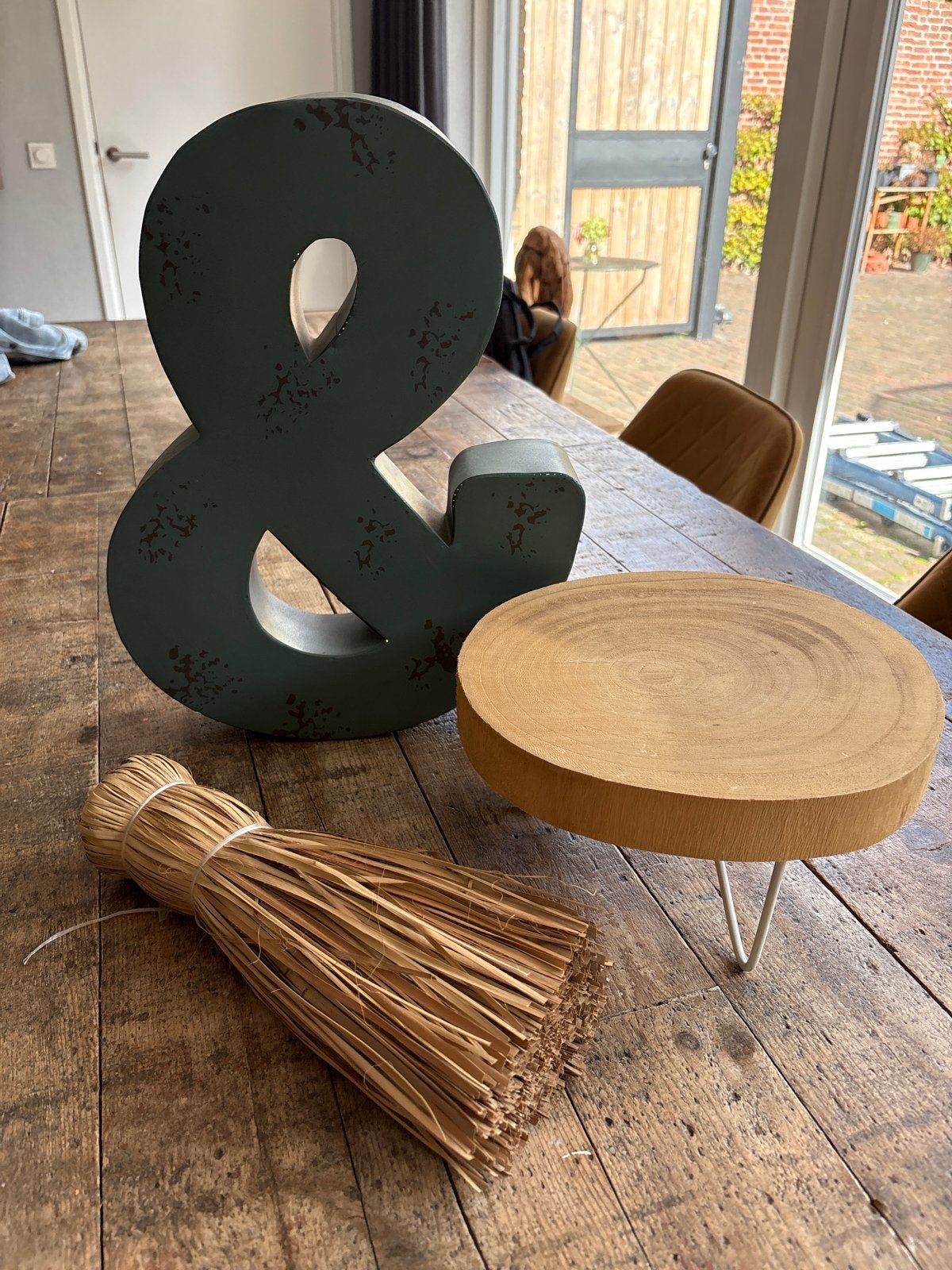 Decoratieve set: & teken, houten plateau en raffia bos, Ophalen, Groen, Hout, Landelijk