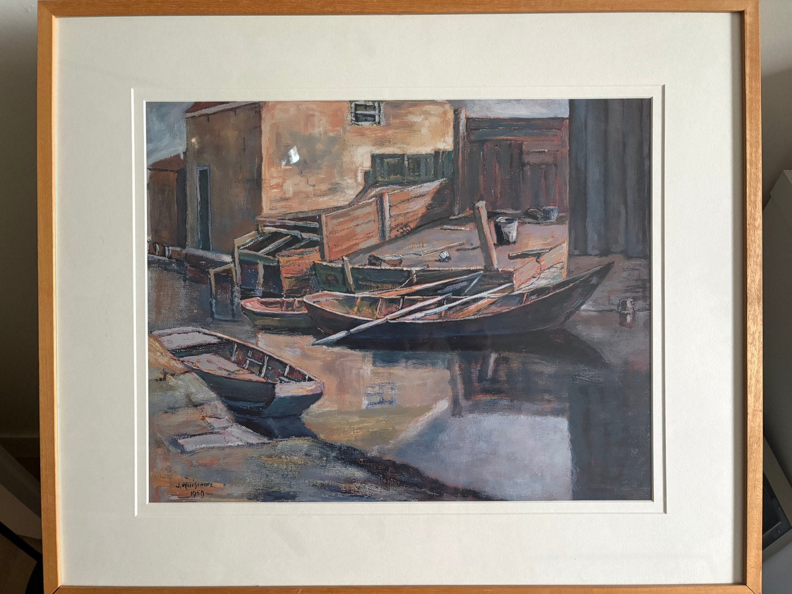 Schilderij 'Havenzicht met boten' - Gesigneerd en Ingelijst, Maritiem / water, Gesigneerd, Realistisch, Overige technieken
