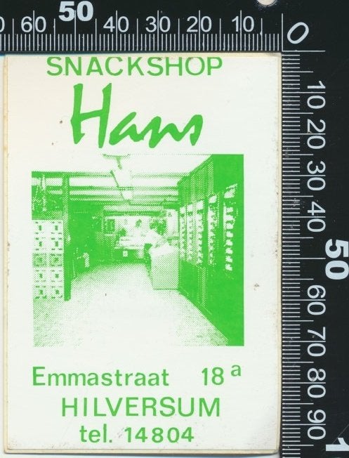 Sticker: Snackshop Hans - Hilversum (Groen), Verzamelen, Ophalen of Verzenden, Zo goed als nieuw, Bedrijf of Vereniging