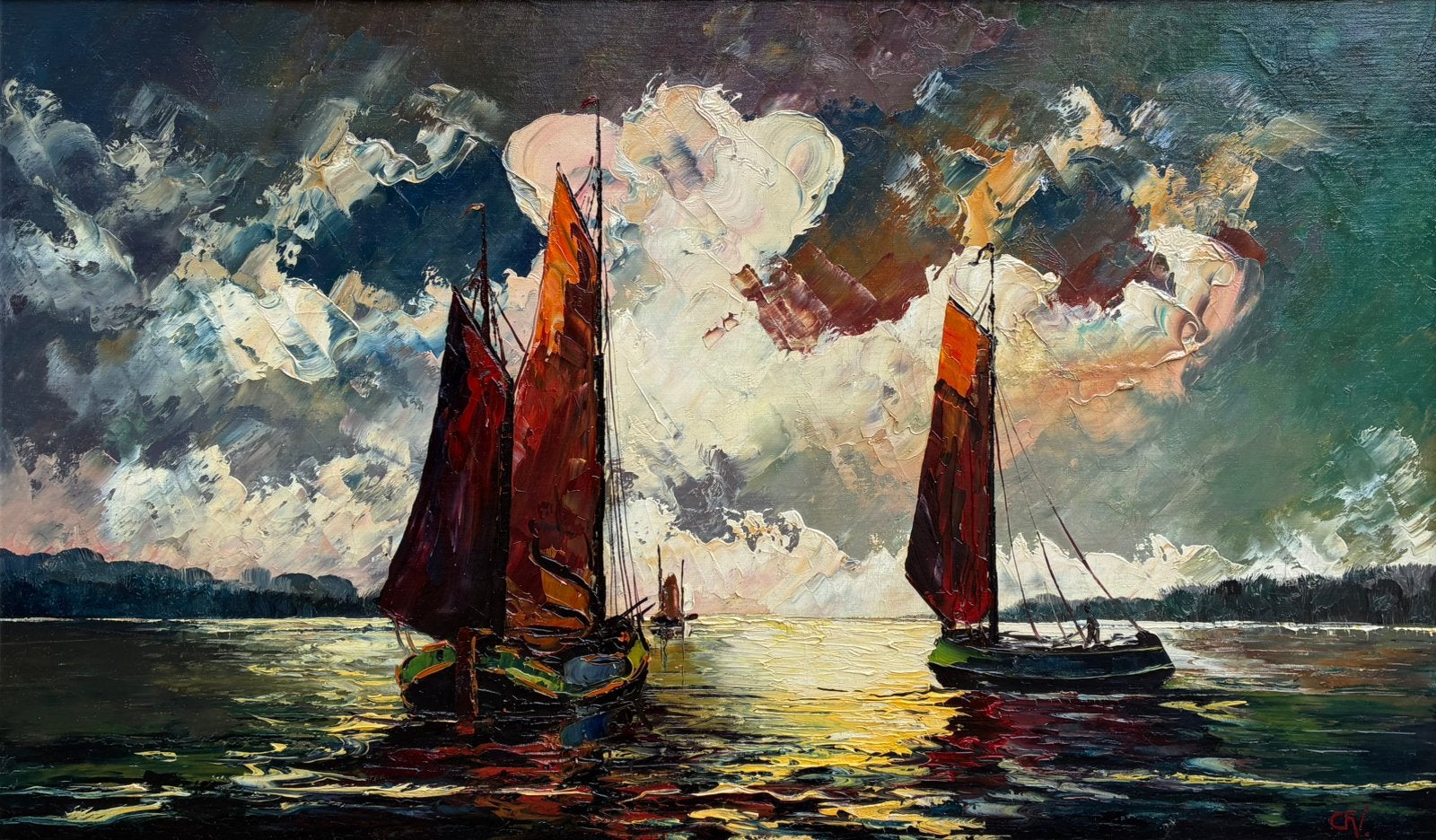 Top schilderij “Zeilschepen bij ondergaande zon” gesigneerd., Antiek en Kunst, Kunst | Schilderijen | Klassiek, Maritiem / water