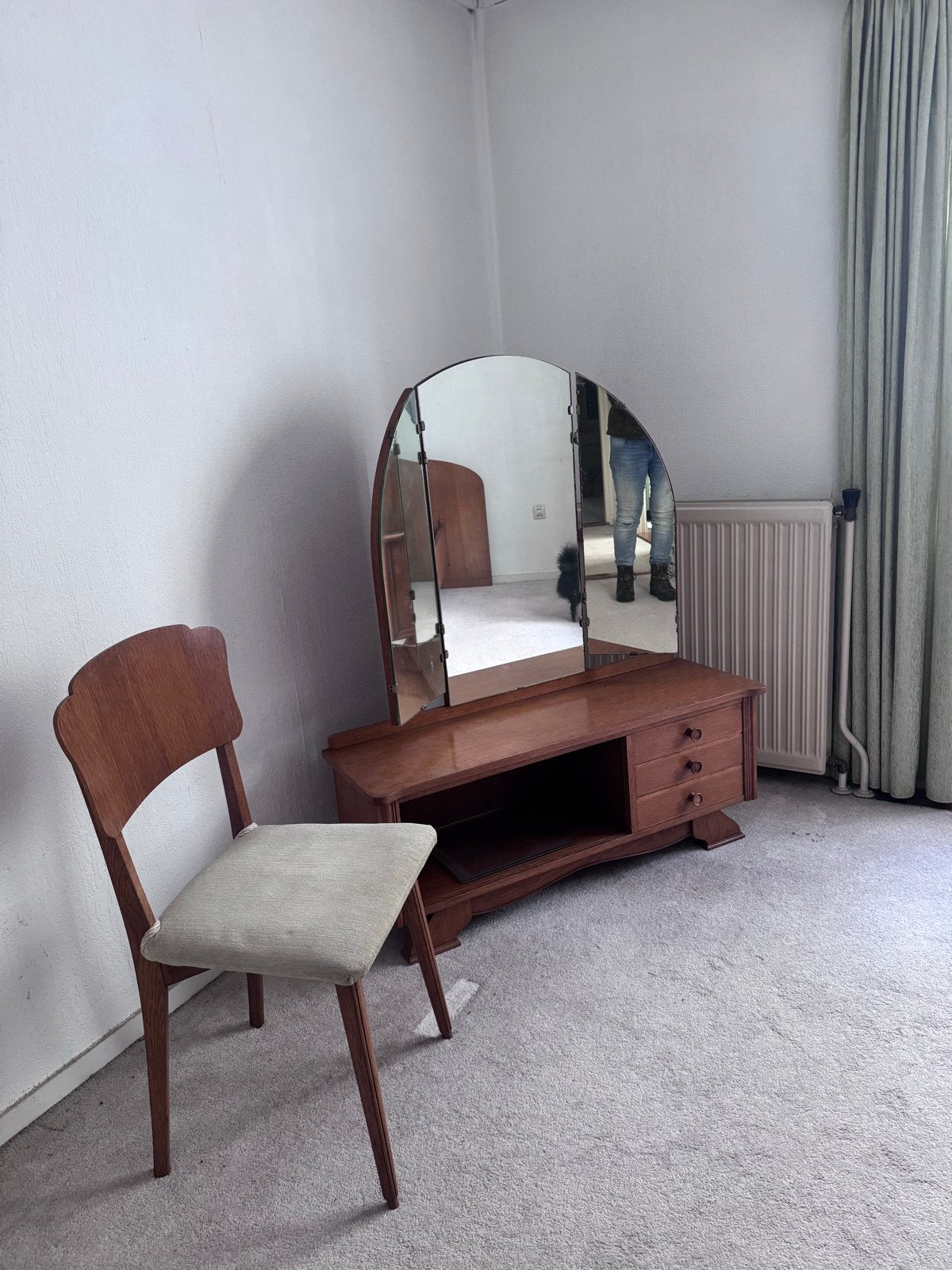 Vintage kaptafel met spiegel en stoel, Ophalen, Gebruikt, 100 tot 150 cm, 50 tot 100 cm