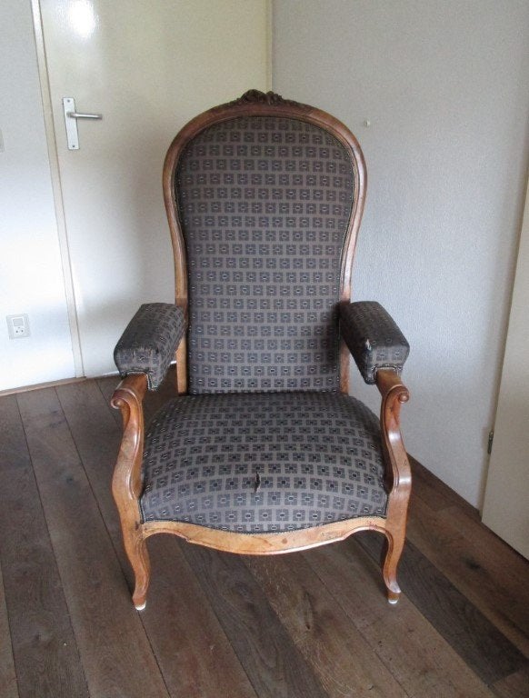 Nr.30: Antieke fauteuil, verstelbare stoel met houtsnijwerk., Antiek en Kunst, Antiek | Meubels | Stoelen en Banken, Ophalen