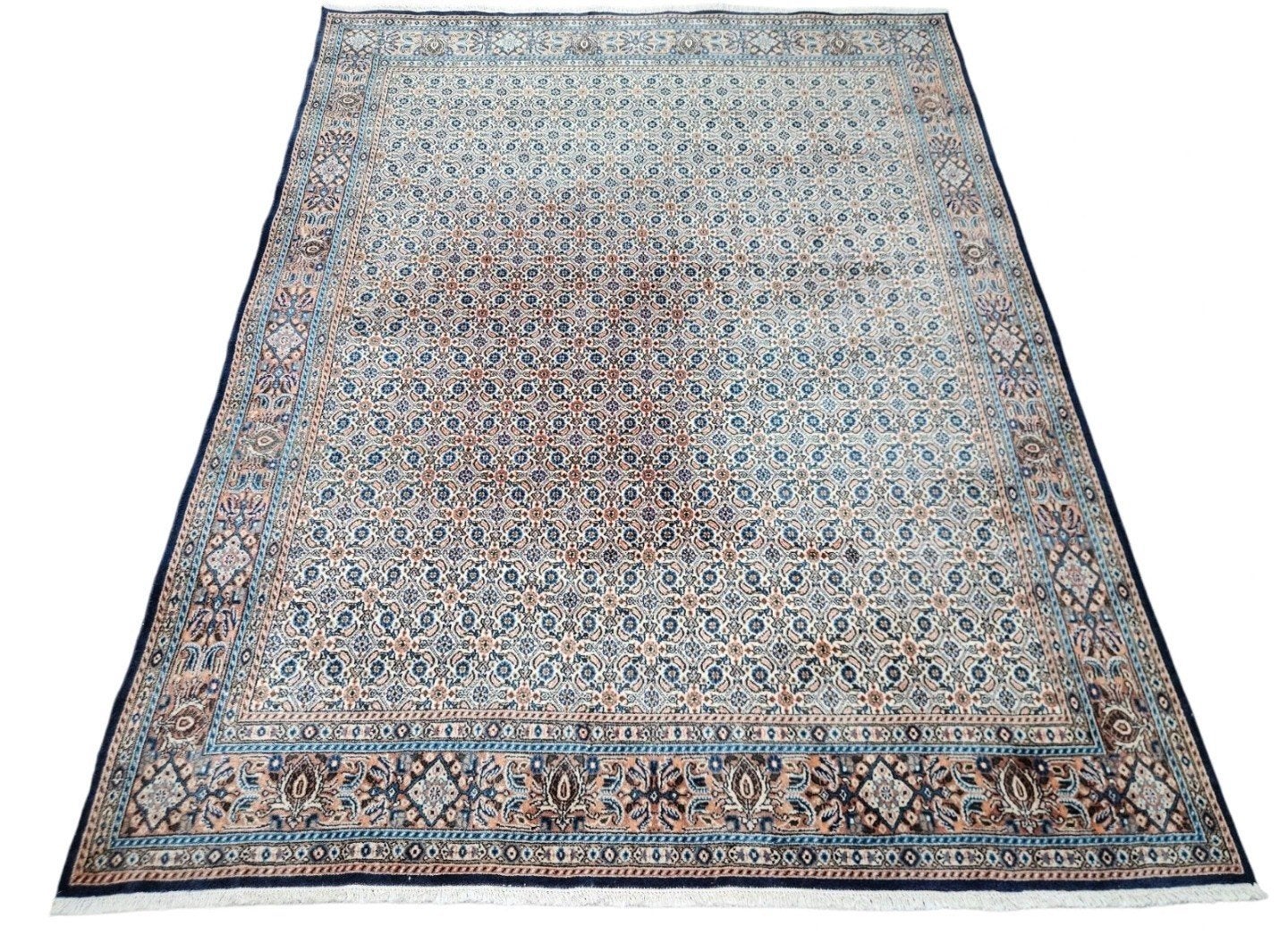 Handmade Persian wol Moud floral blue faded 197x253cm, Gebruikt, Moud, 150 tot 200 cm, 200 cm of meer
