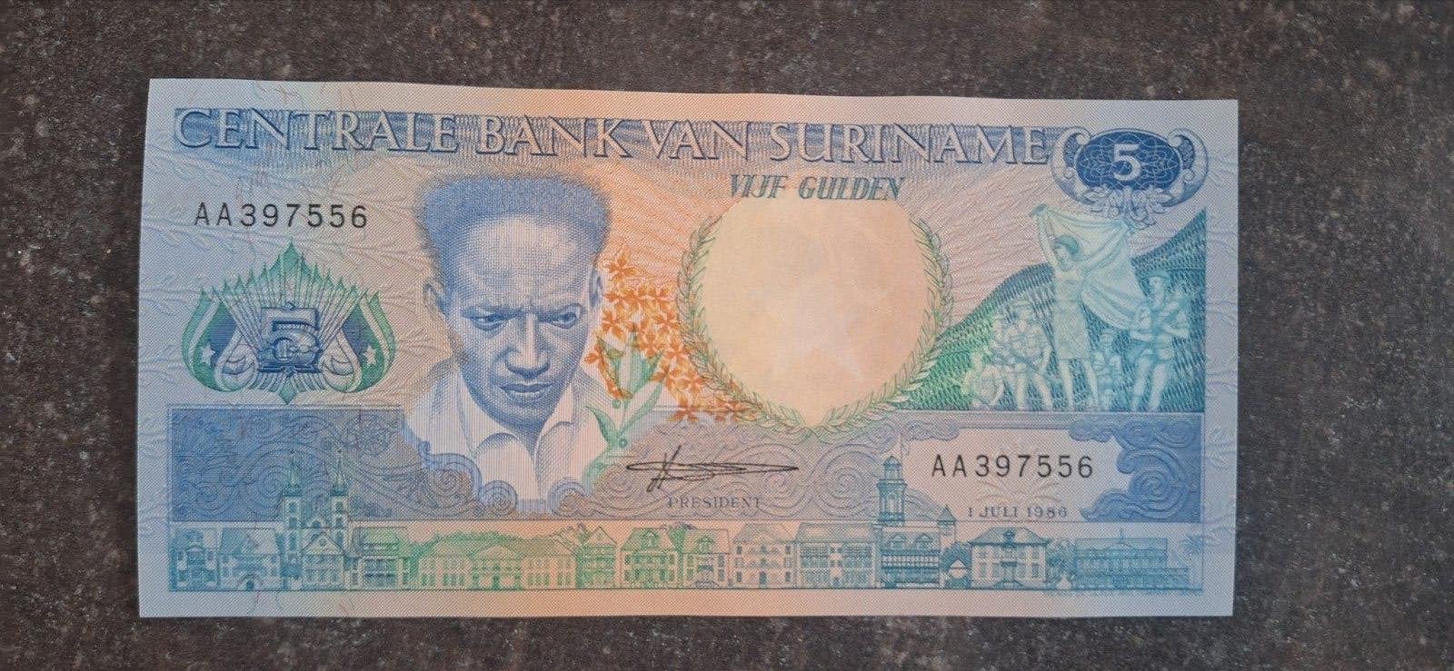 Suriname 5 gulden 1986 UNC, Ophalen of Verzenden, Zuid-Amerika