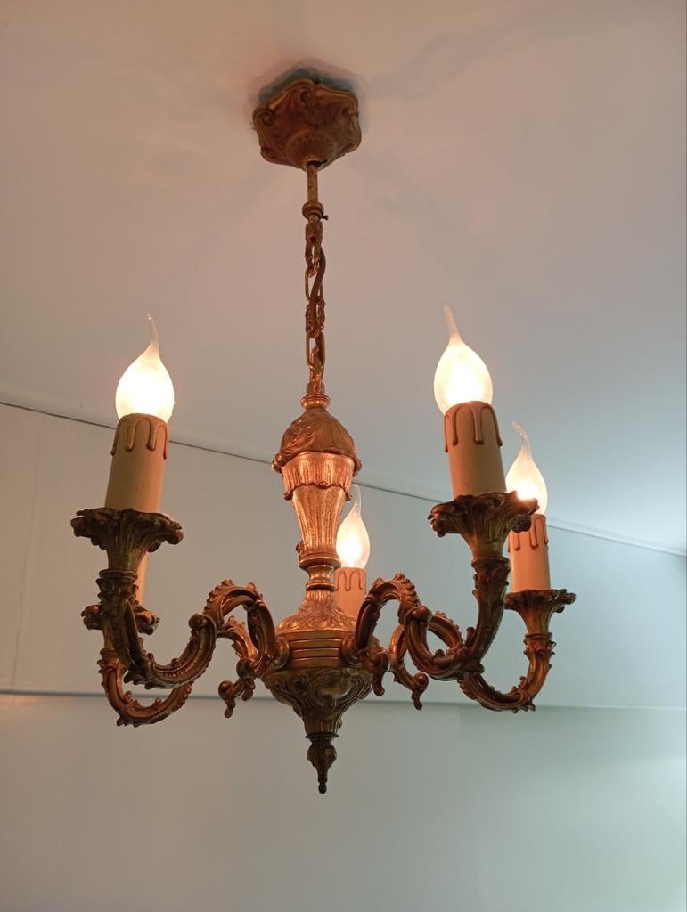 Antieke bronzen kroonluchter met 5 lichtpunten, Ophalen of Verzenden