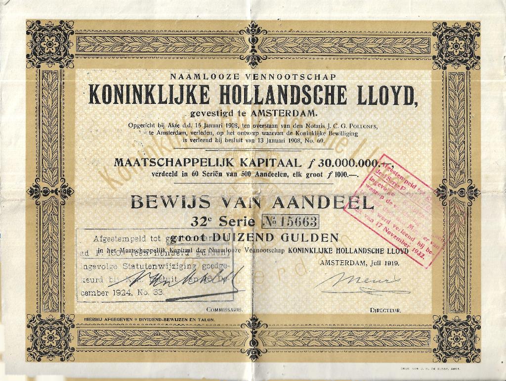 Koninklijke Hollandsche Lloyd, Aandeel, 1000 Gulden 1919, Verzenden, Voor 1920, Aandeel