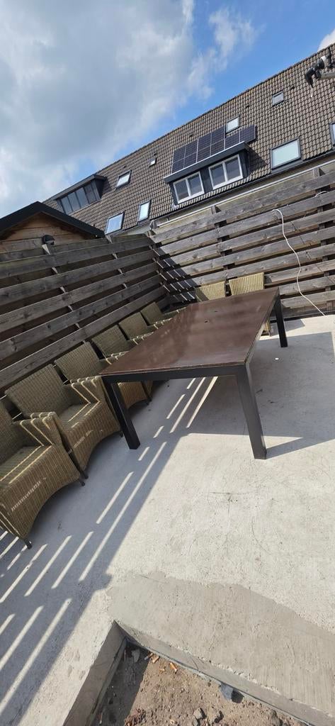 Grote stevige tuintafel met 8 rieten stoelen.Ook los te koop, Tuin en Terras, Terrasdelen en Vlonders, Ophalen of Verzenden, Gebruikt
