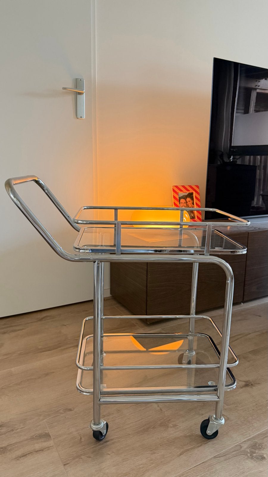 Vintage chromen serveerwagen/drankkar met glazen platen, Ophalen, Vintage, Gebruikt, Metaal