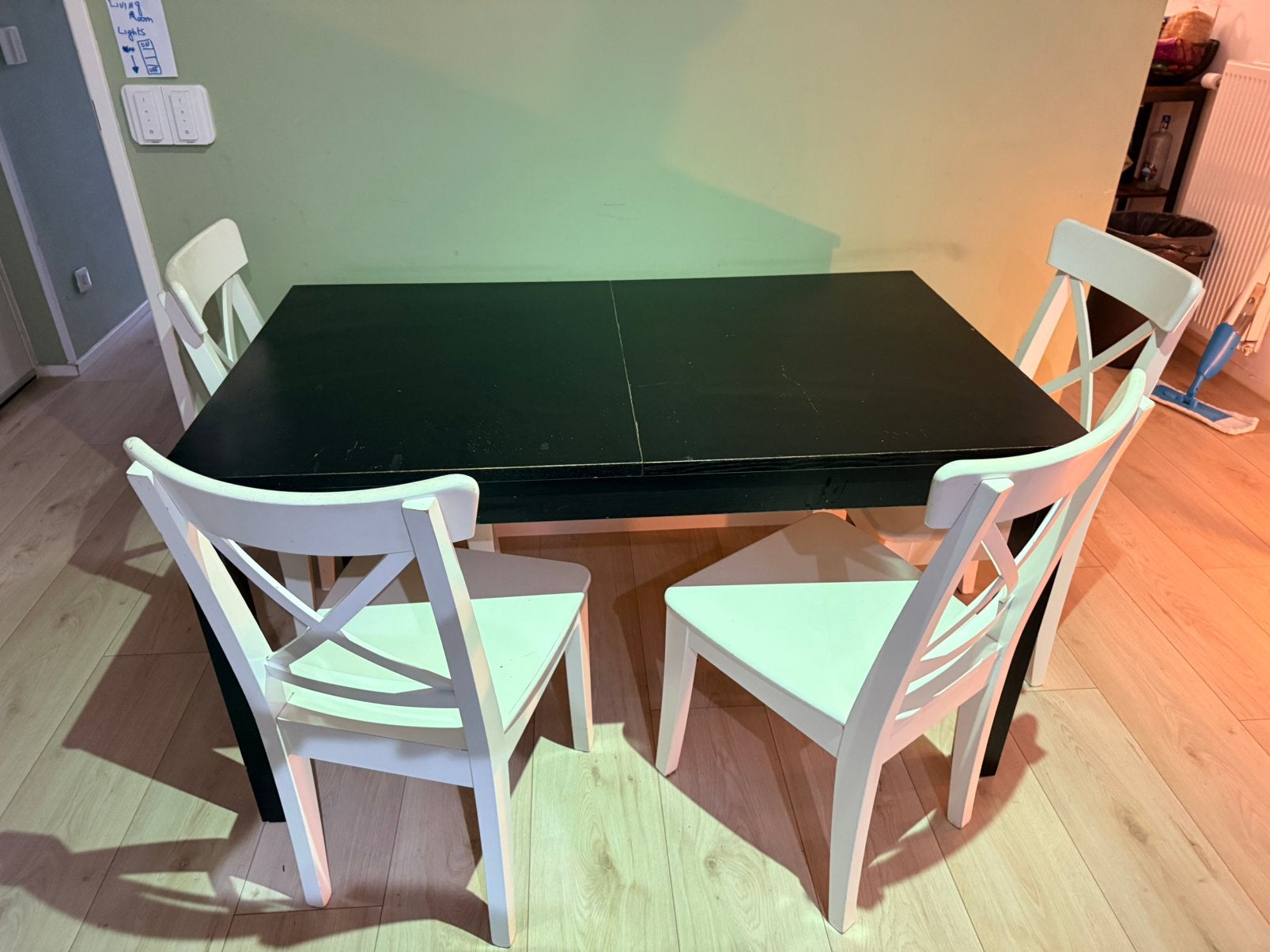 Uitschuifbare eettafel 140-220 cm + 4 stoelen – 4 tot 6 pers, Ophalen, Gebruikt, 100 tot 150 cm, 50 tot 100 cm