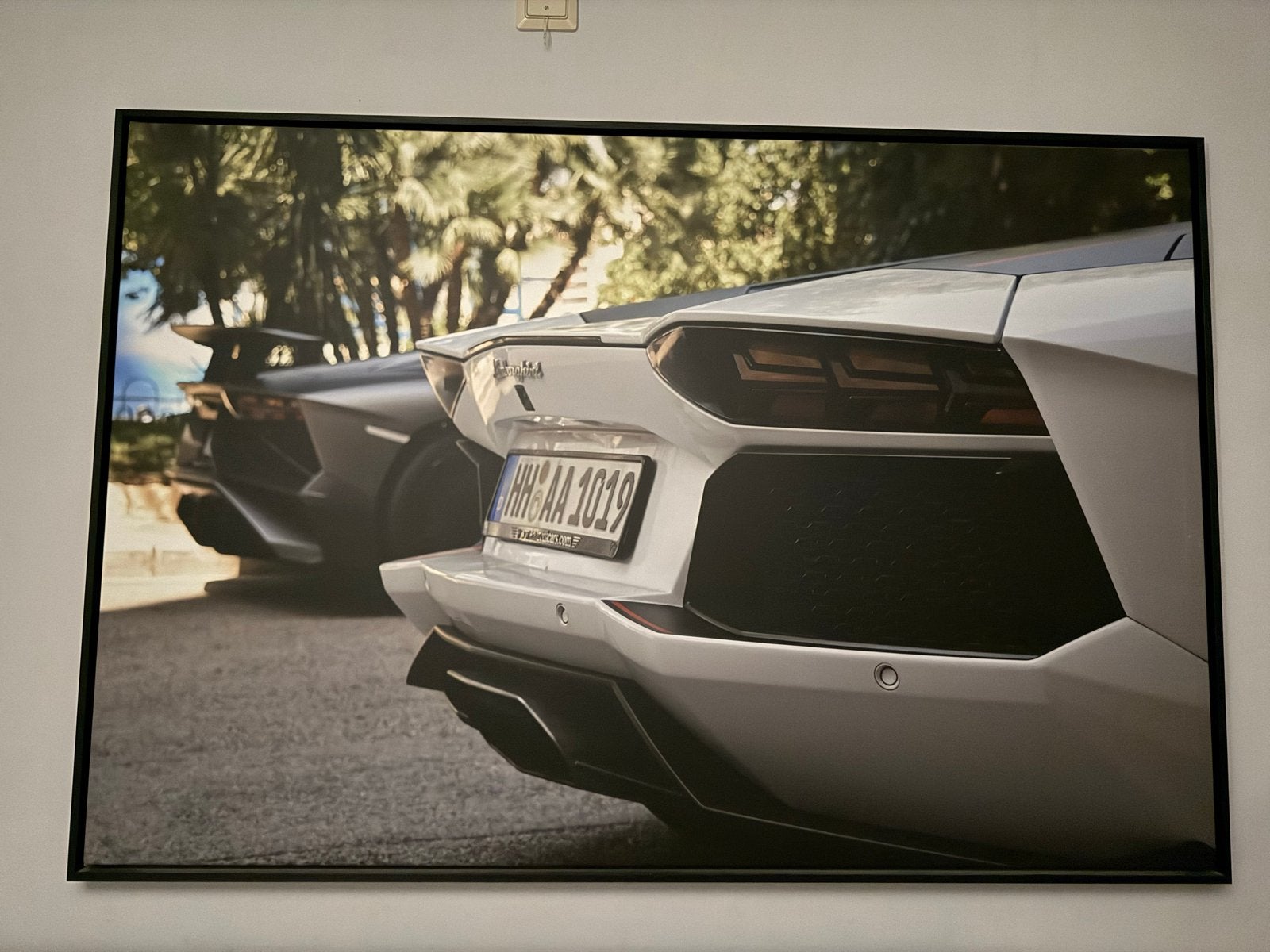 Grote foto/poster van Lamborghini's (138x93 cm), Huis en Inrichting, Ophalen, 125 cm of meer, Zo goed als nieuw, Foto of Poster