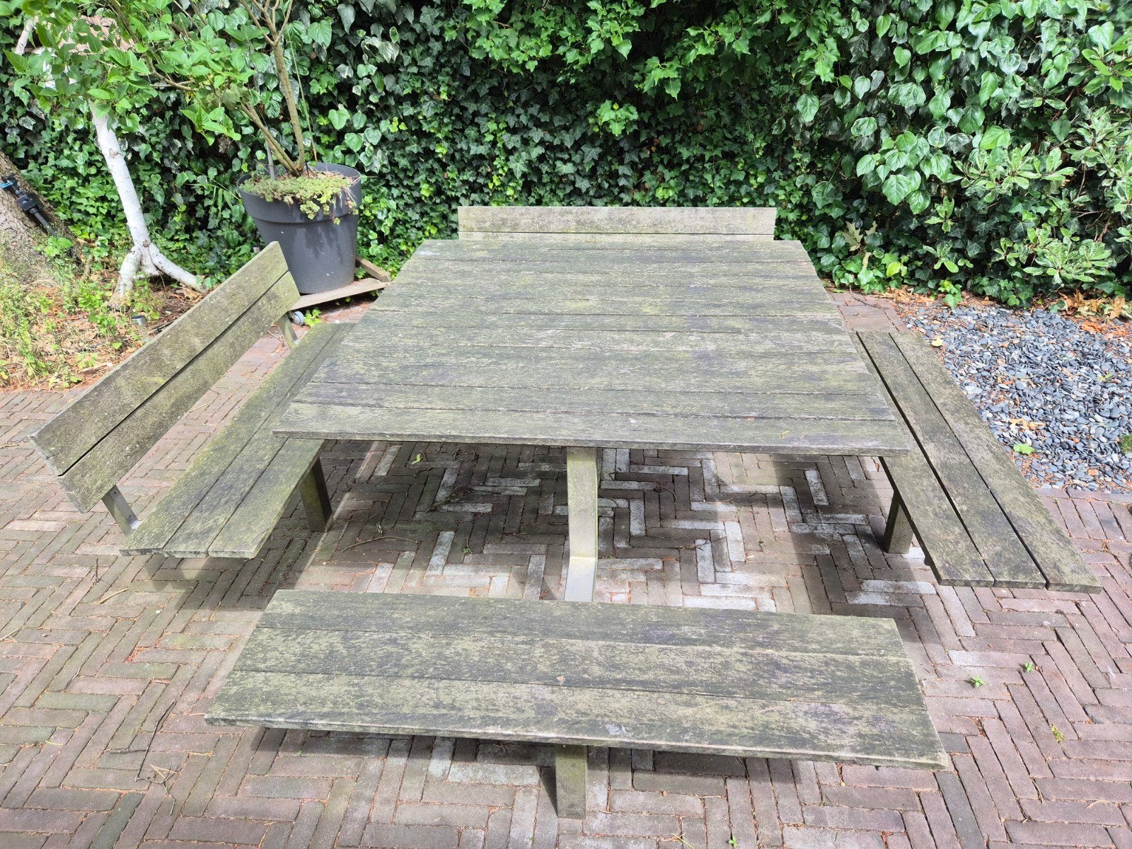 Robuuste houten picknicktafel met banken, Tuin en Terras, Picknicktafels, Ophalen, Gebruikt, Vierkant, Hout