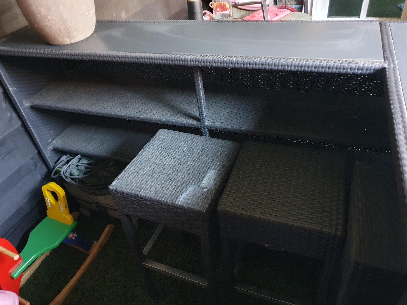 Wicker tuinbar met 8 krukken., Ophalen, Gebruikt, Wicker