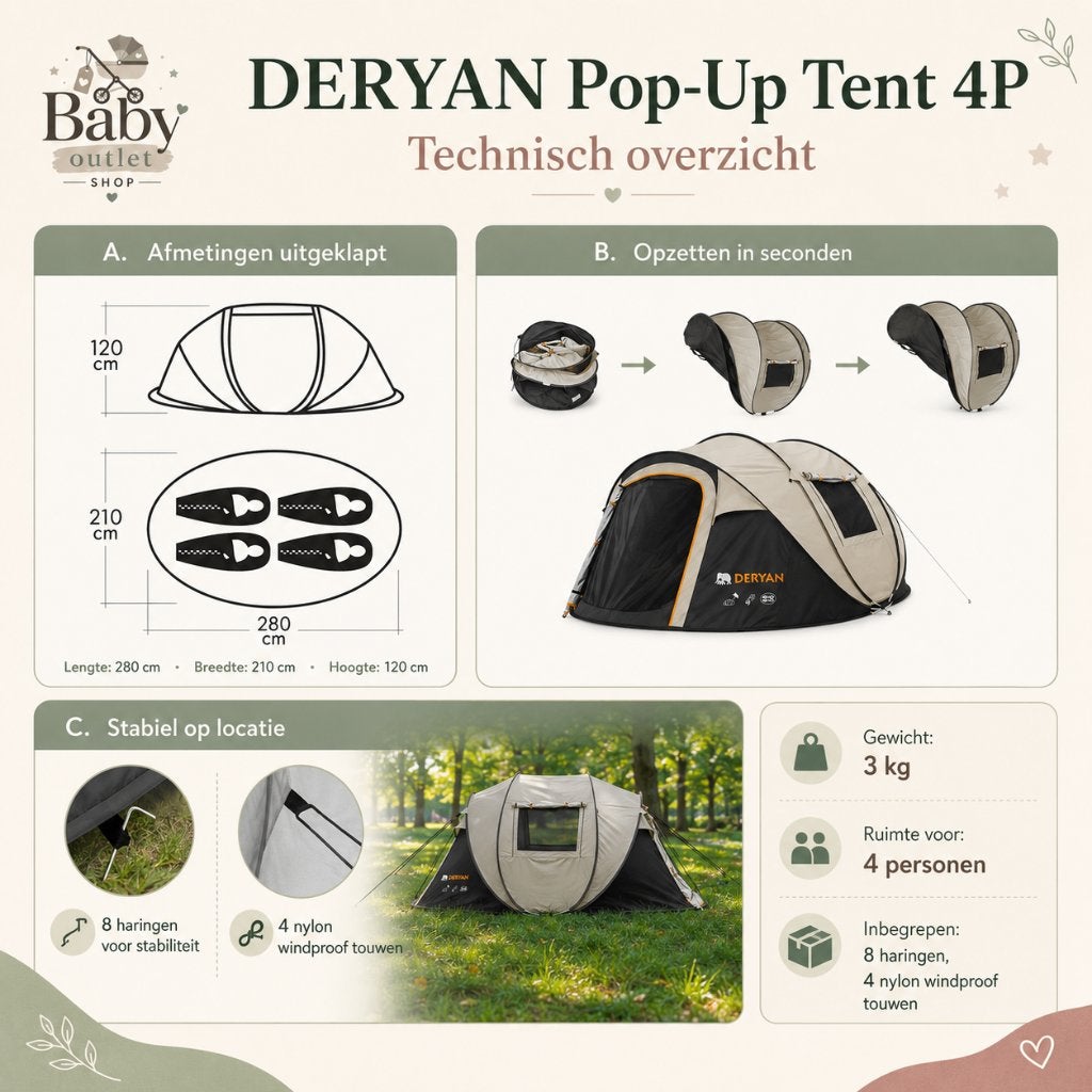 DERYAN Pop-Up Tent 4P – Festival & Camping – Outlet, Deryan, Nieuw, Team@deryan.com, Ophalen of Verzenden