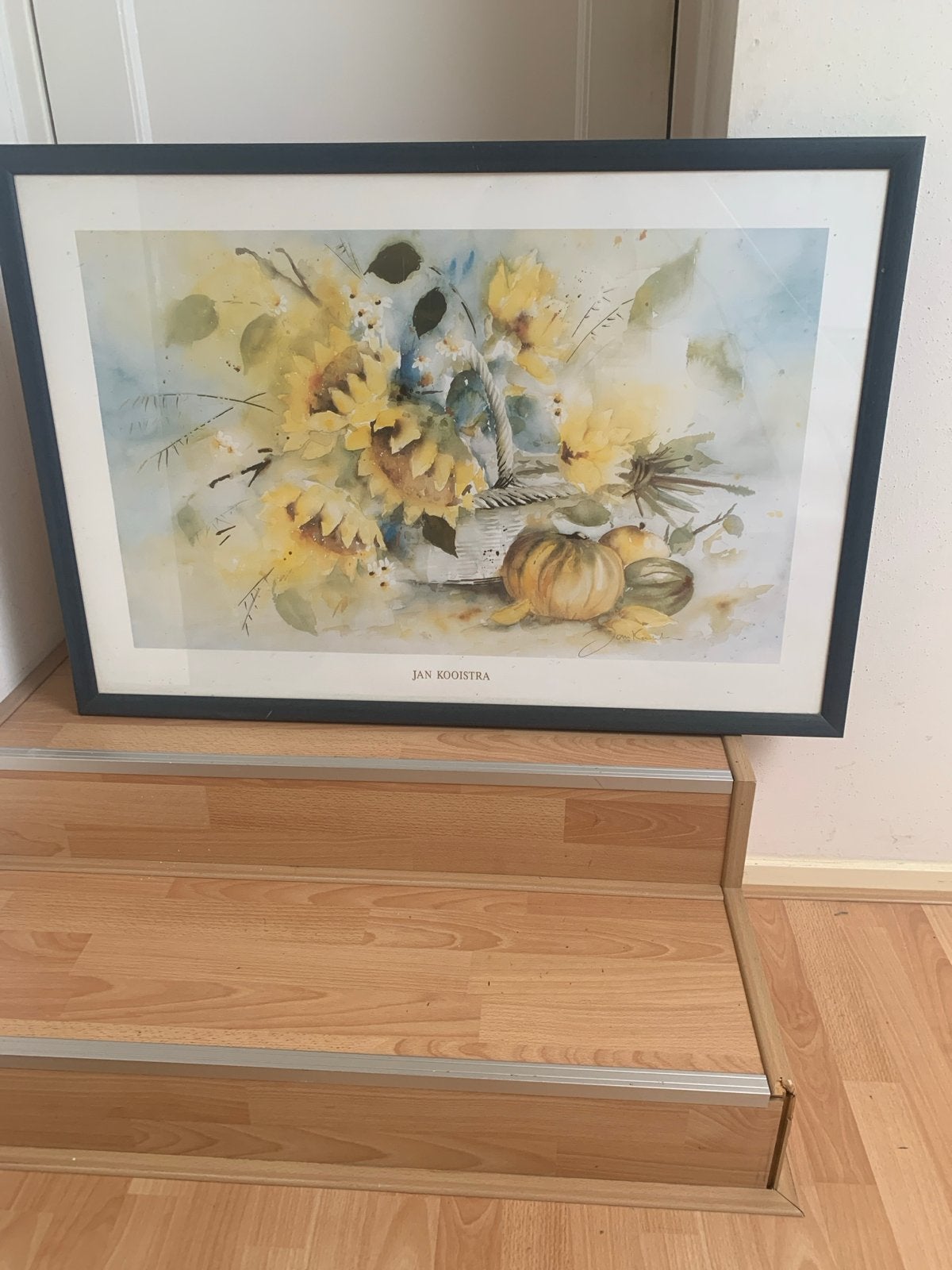 Schilderij Jan Kooistra - Zonnebloemen en pompoenen, Bloemen, Realistisch, Ophalen of Verzenden, Aquarel