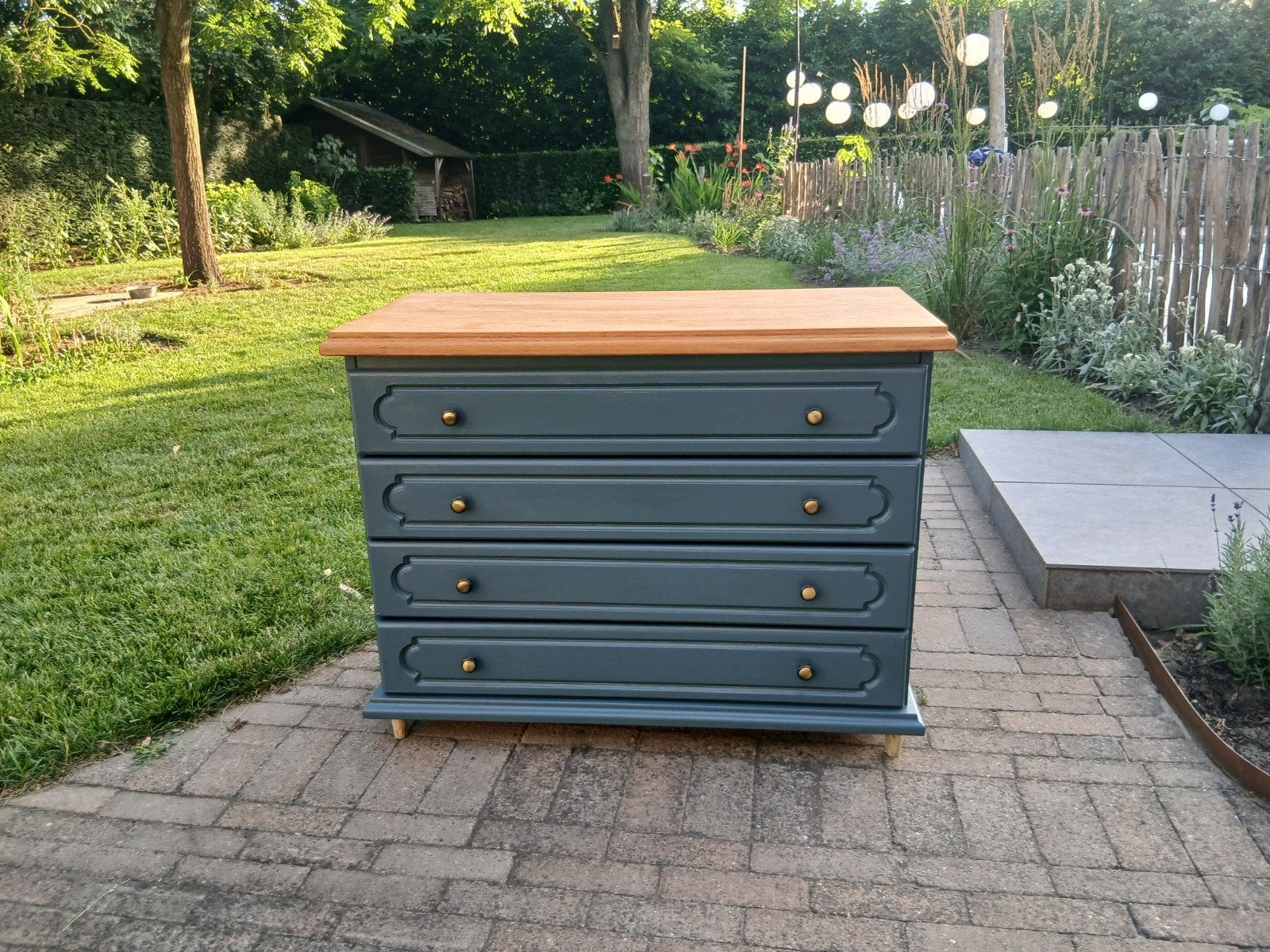 Vintage ladekast/commode - Blauw met houten blad, Huis en Inrichting, Kasten | Ladekasten, Gebruikt, Vintage, Klassiek, 3 of 4 laden