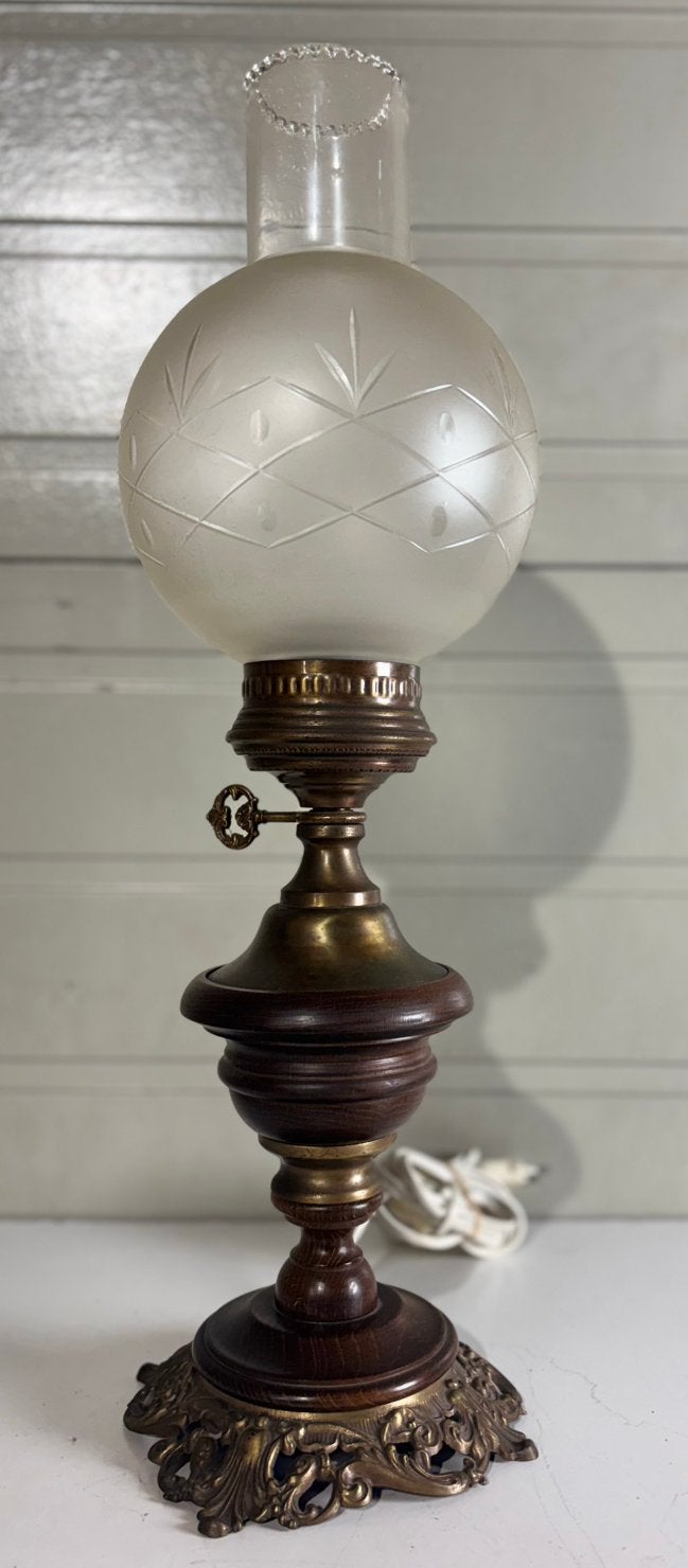 Prachtige Vintage Tafellamp in Olielamp-stijl (Geëtst Glas), Ophalen of Verzenden