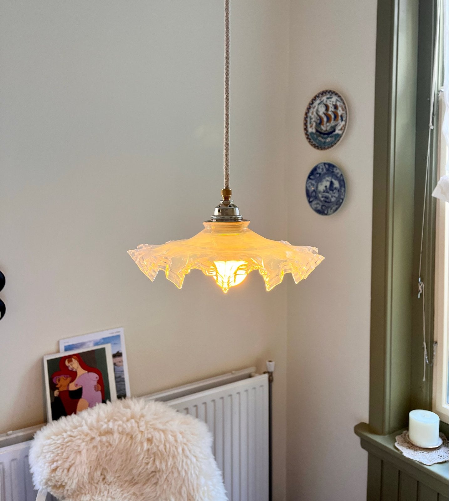 Vintage opaline Franse lamp met messing fitting en linnen sn, Antiek en Kunst, Antiek | Lampen, Ophalen of Verzenden