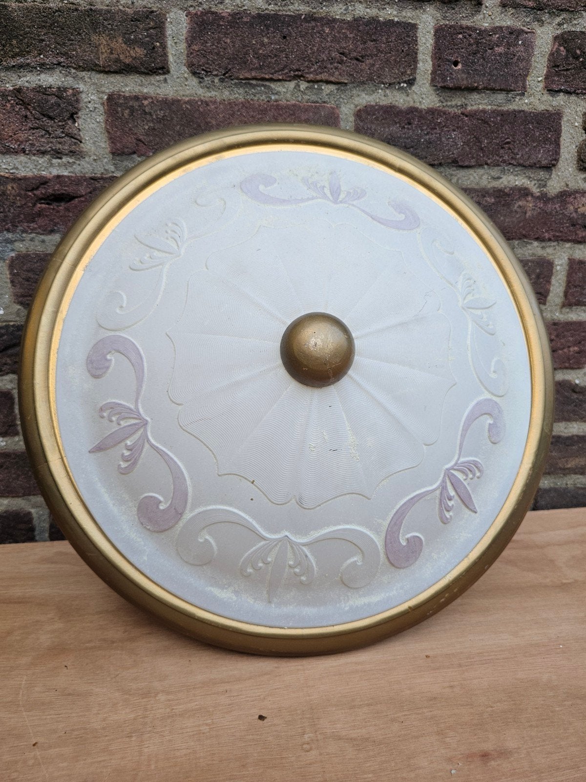 Vintage plafonnière 46 cm – echt Art Deco glas – goudkleurig, Ophalen of Verzenden, Gebruikt, Glas