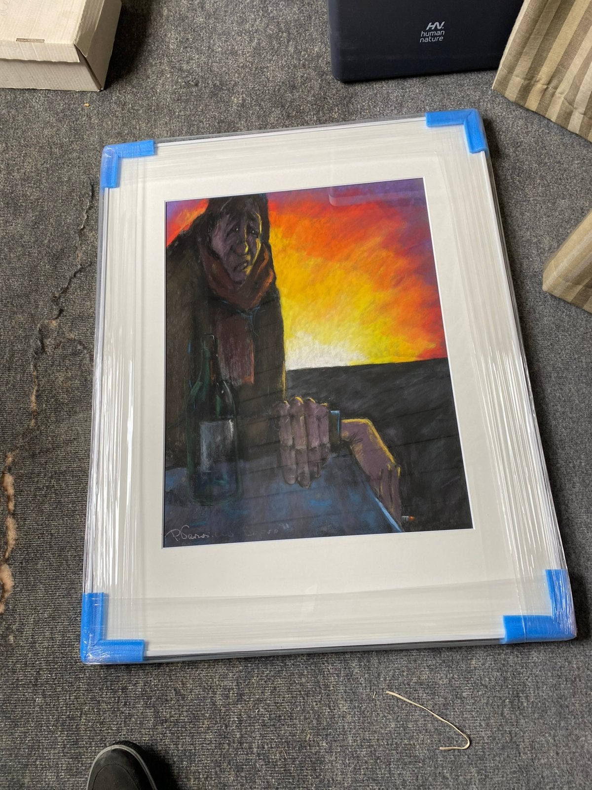 Schildery ondergaande zon met man en fles, Modern, Ophalen of Verzenden, Nieuw, Schilderij