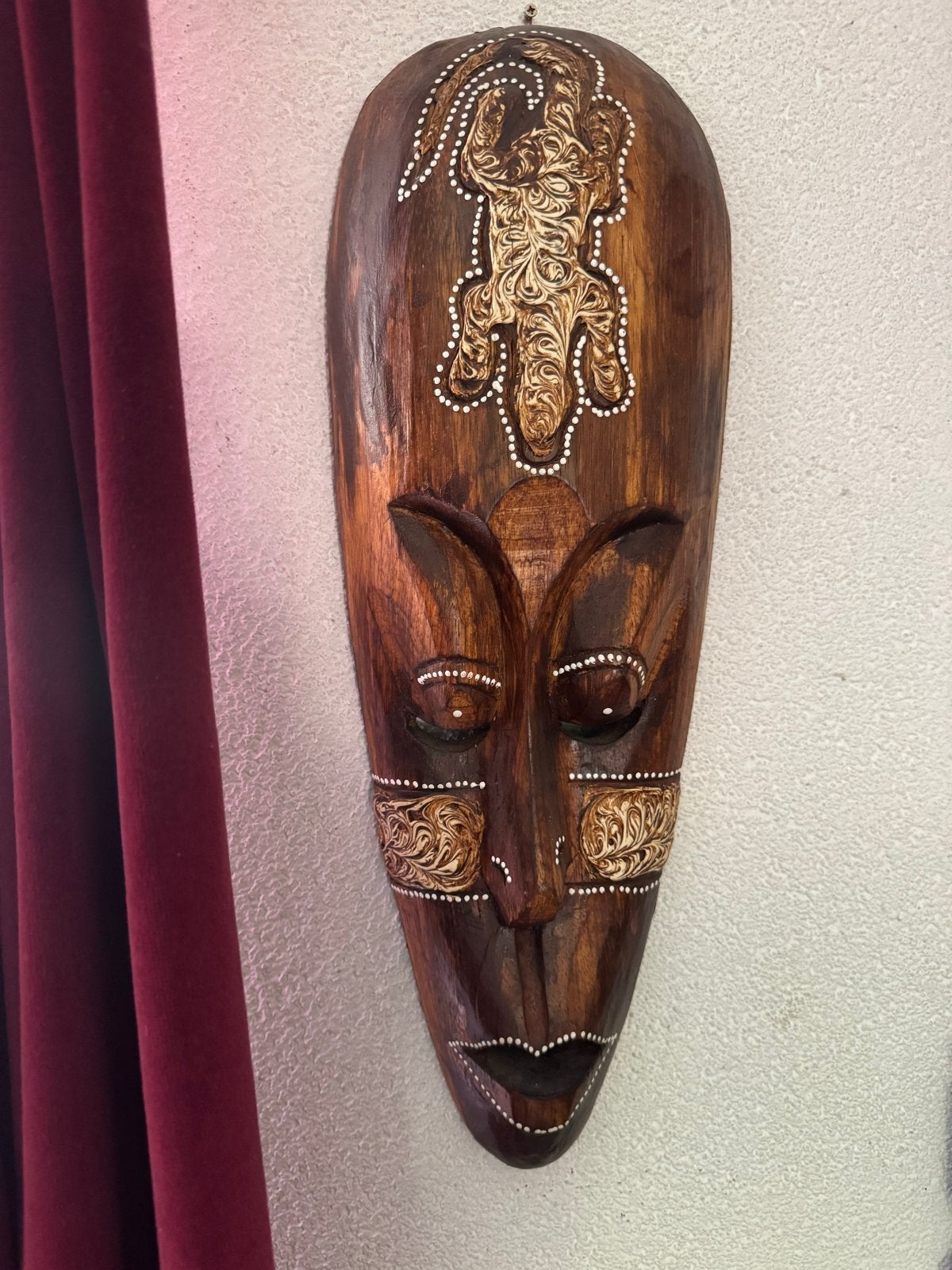 Decoratief Afrikaans Masker - Houtsnijwerk met Hagedis, Hout, Bruin, Afrika, Masker