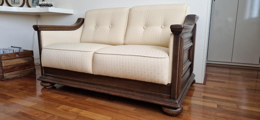 Klassiek houten tweezitsbankje – massief hout & bekleding, Ophalen