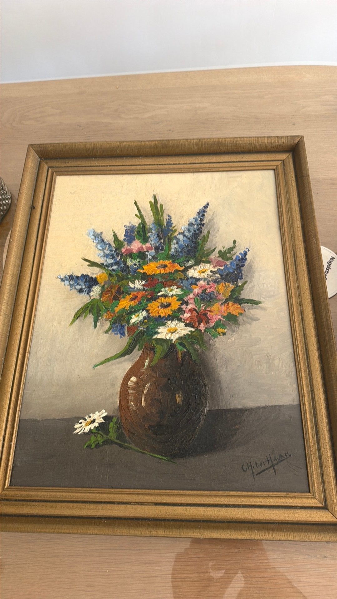 Olieverfschilderij Bloemen – Ch. van Riel – Vintage, Ophalen of Verzenden