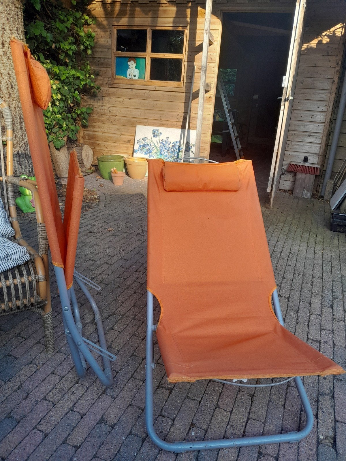2x Oranje Ligstoel / Strandstoel - Verstelbaar & Inklapbaar, Ophalen, Gebruikt, Metaal, Inklapbaar