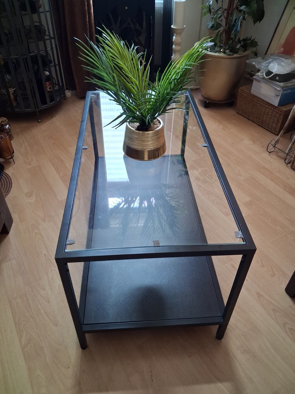 Salontafel glas metaal hout onderblad 90 bij 45,, Ophalen, 50 tot 100 cm, 50 tot 100 cm, Zo goed als nieuw