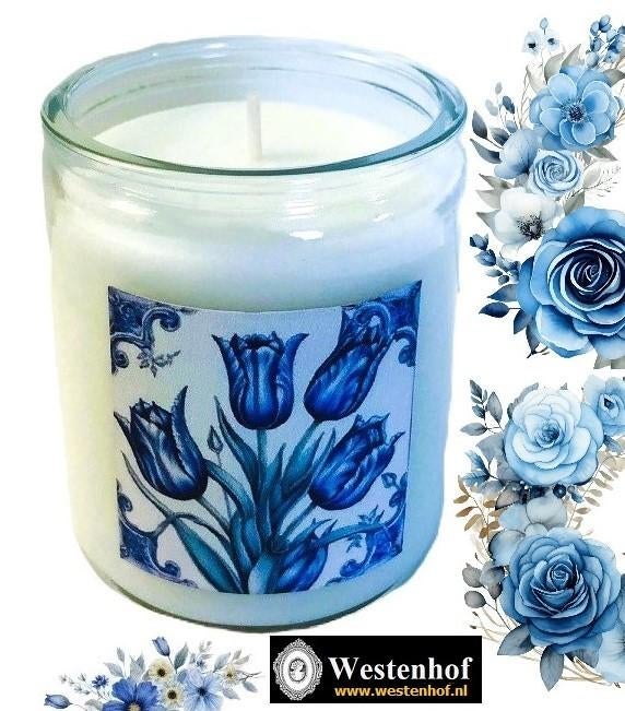 Kaars in glas met delfts blauw Tulip bloemen, Overige materialen, Verzenden, Wit, Nieuw