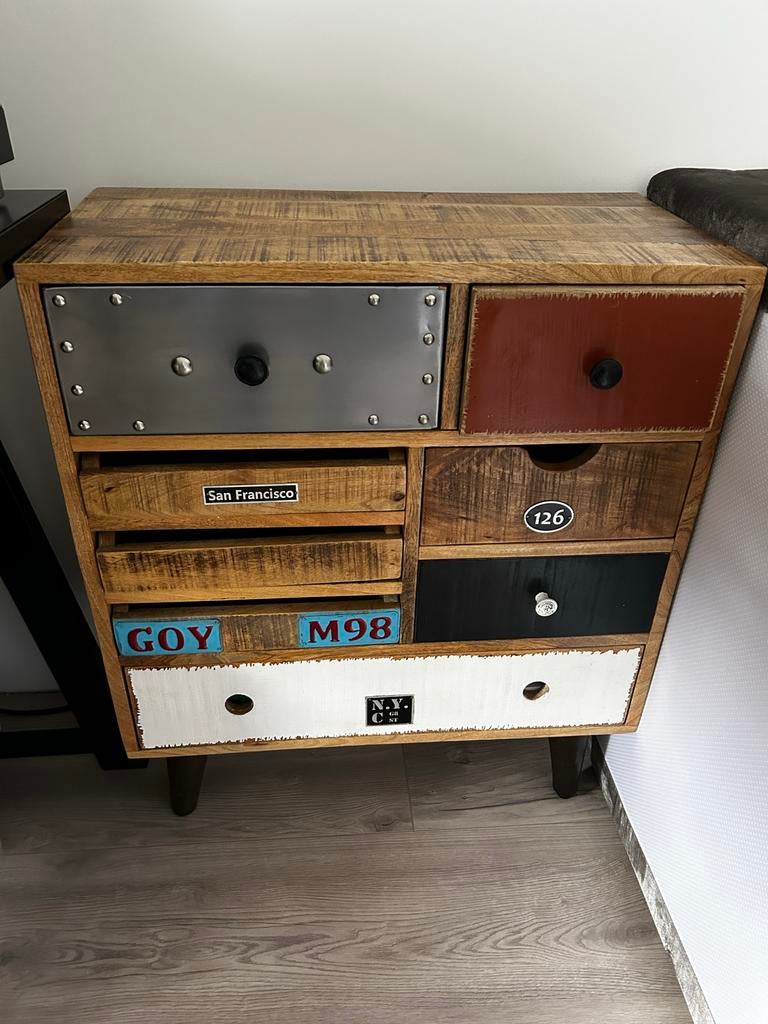 Mango houten ladekast retro, Huis en Inrichting, Kasten | Ladekasten, Ophalen, 5 laden of meer, 50 tot 100 cm, Zo goed als nieuw
