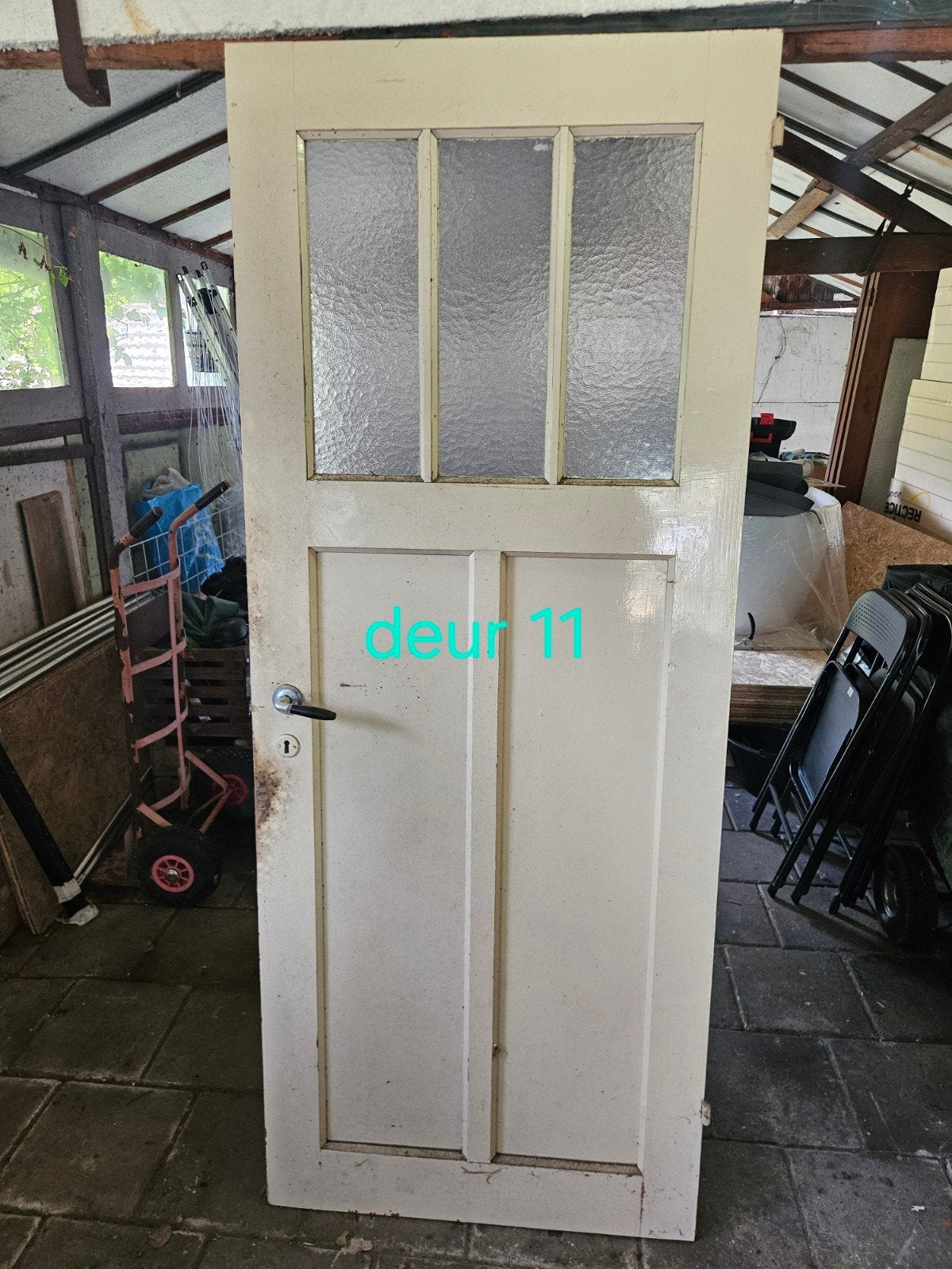 Oude paneeldeur met 3 ruiten structuurglas 81x193 cm - deur, Huis en Inrichting, Kasten | Computermeubels, Ophalen, Gebruikt