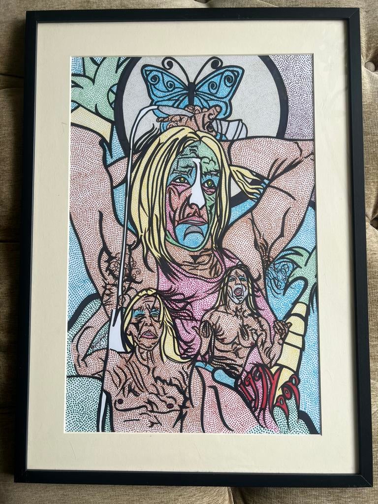Vintage Tekening Kunstwerk Rik v Schaik / Iggy Pop., Antiek en Kunst, Ophalen