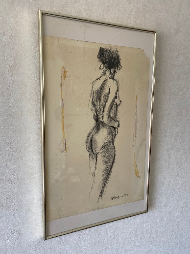 Originele Naaktstudie van Houtskool - Montman '72, Antiek en Kunst, Ophalen of Verzenden, Tekening, Houtskooltekening, Handgemaakt