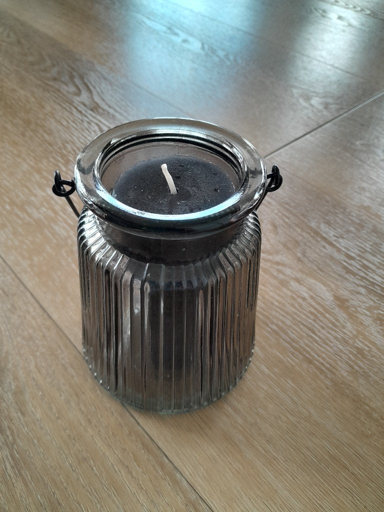 kaars in glas , kun je ook ophangen, Zwart, Nieuw, Ophalen of Verzenden, Glas
