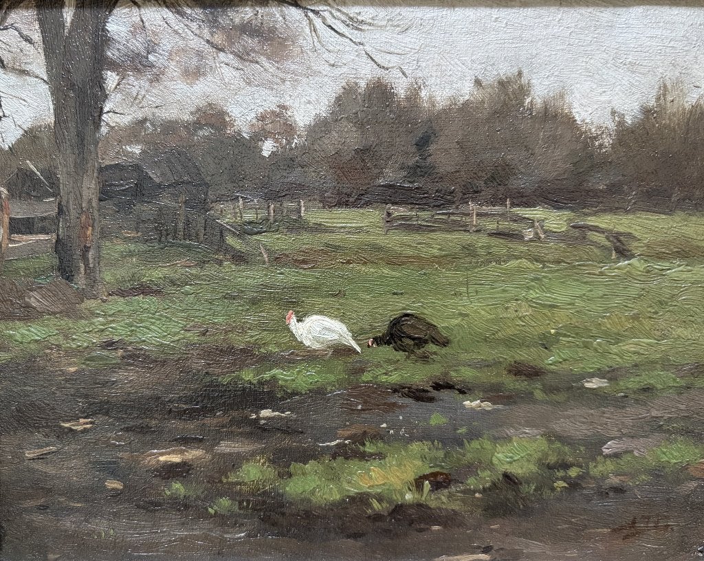 A.J. Groenewegen (1874-1963) - Boerenerf met kippen, Paneel, Ophalen of Verzenden, Landschap, Olieverf