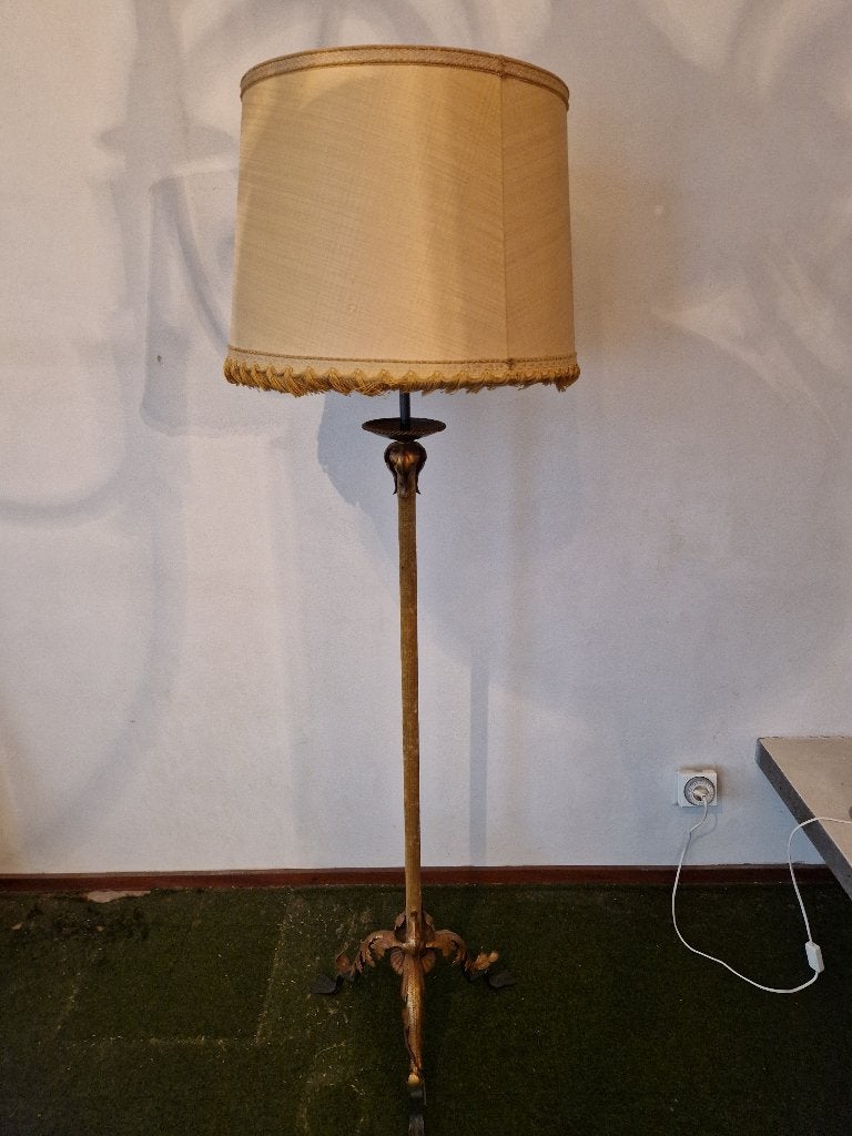 Vintage messing vloer- schemerlamp stoffen kap (jaren '50), Antiek en Kunst, Ophalen